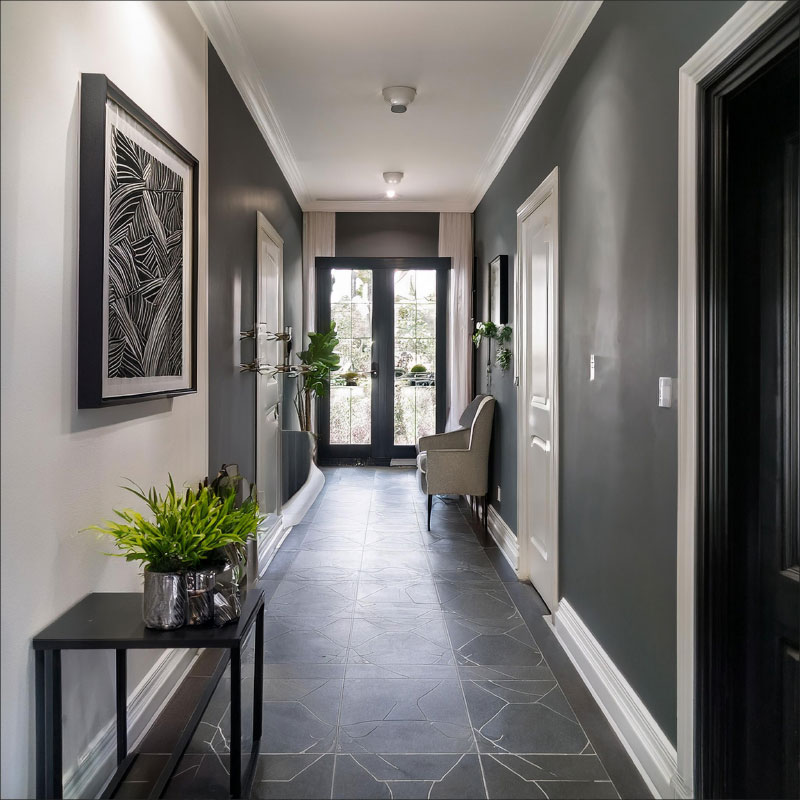 Black and White Hallway with Black tiles