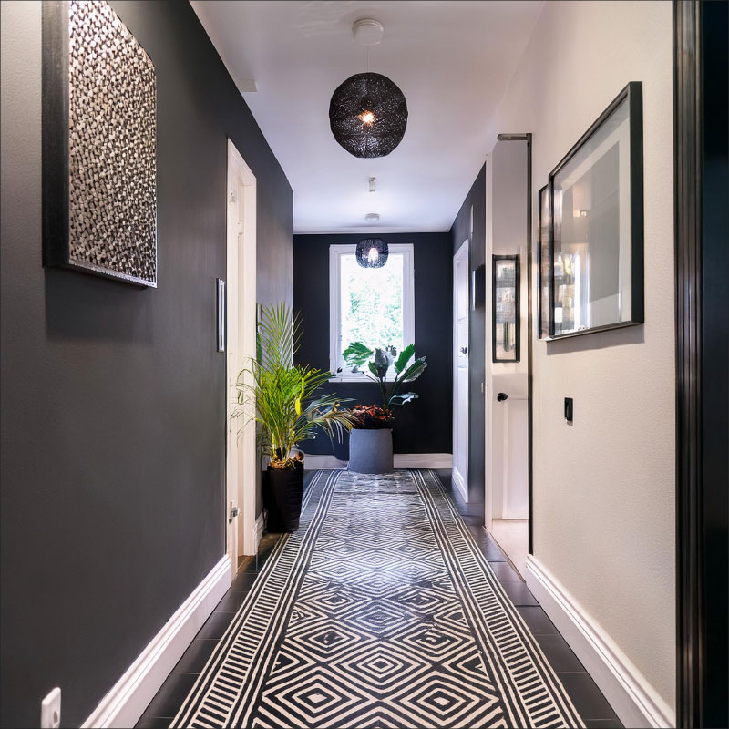 Black and White Hallway with Black tiles