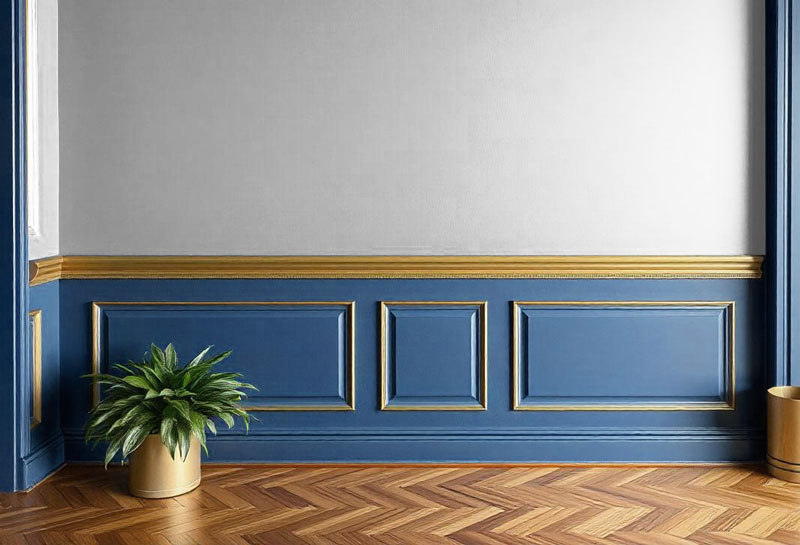 half wall raised panel wainscoting blue with gold trim