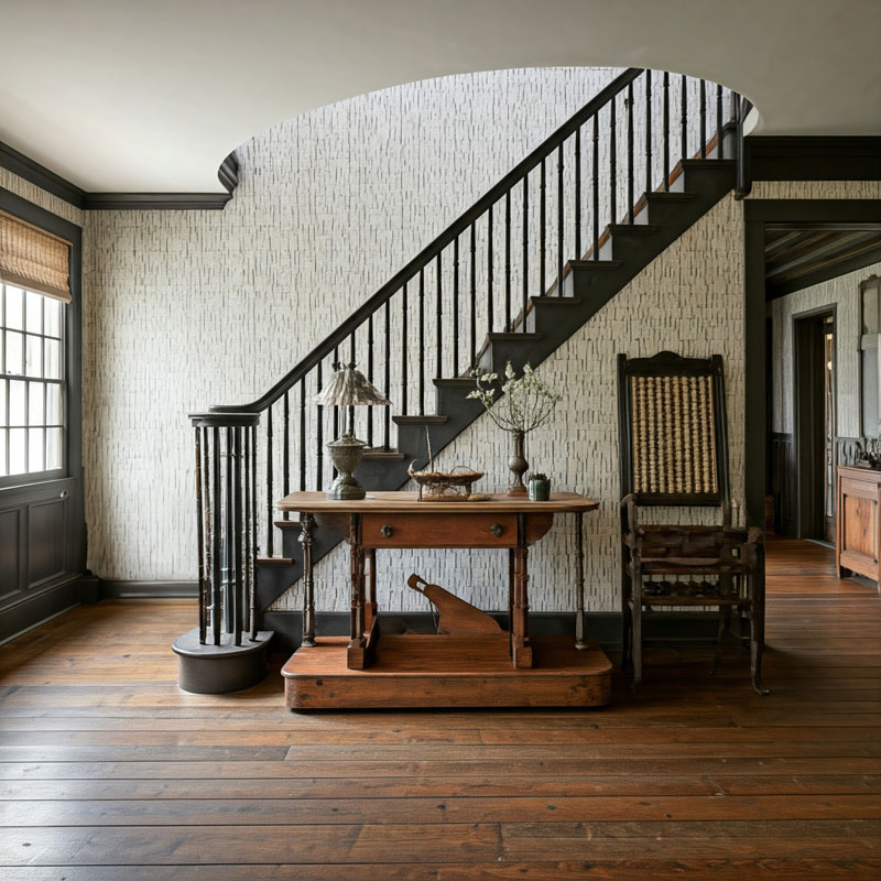 black and white staircase farmhouse