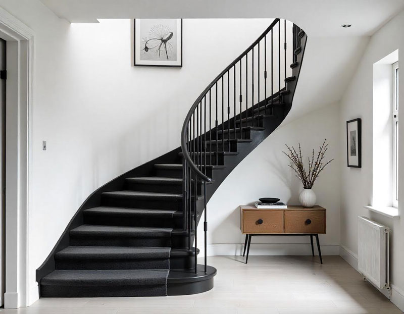 black bannister and black staircase