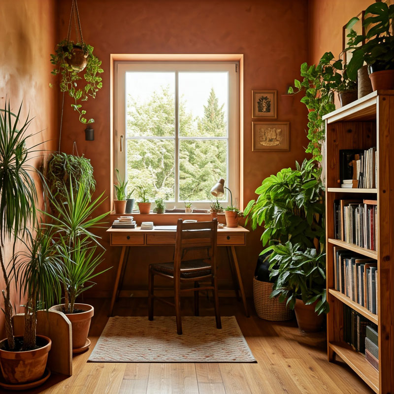 farmhouse home office with terracotta walls