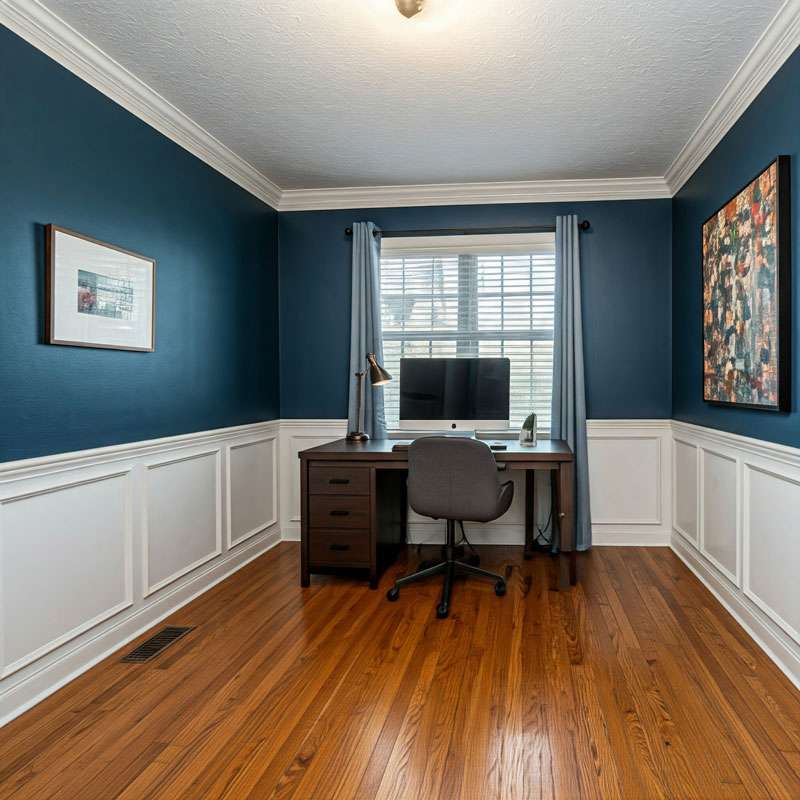 Home Office with Dark Blue Walls