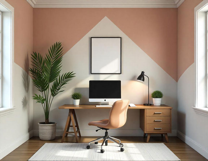 home office with painted patterns on wall