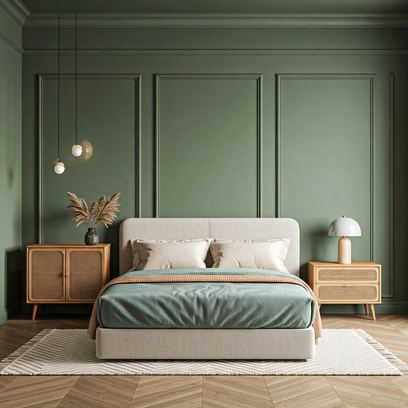 muted green colour drenching bedroom