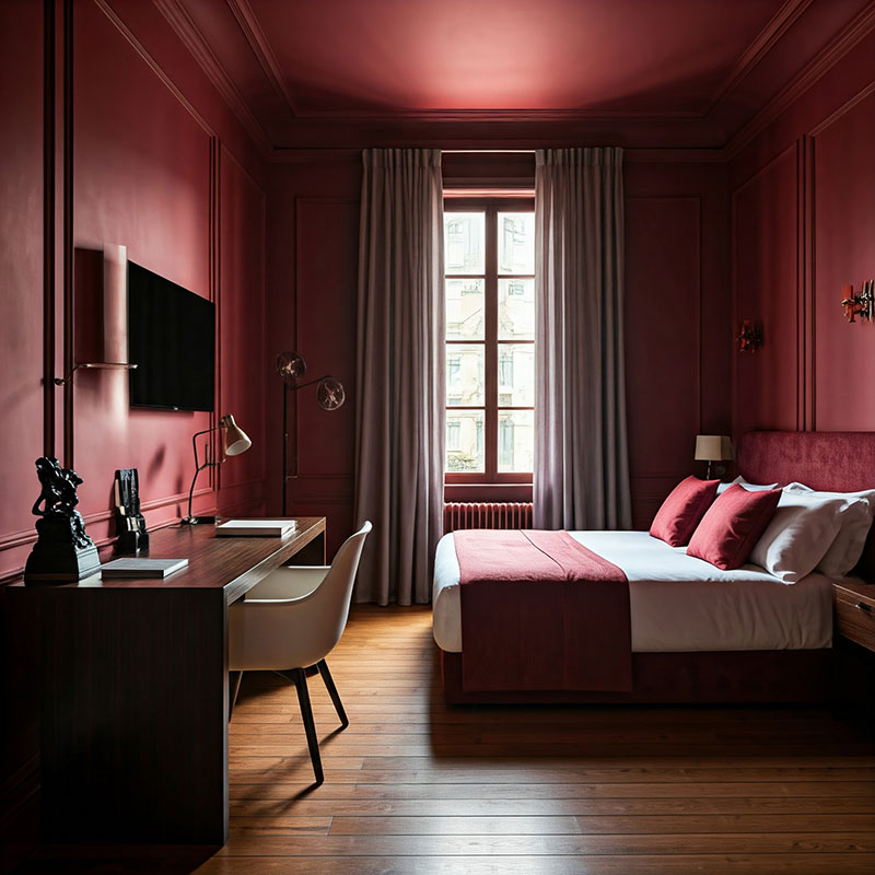 red colour drenched bedroom