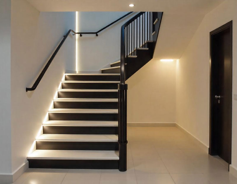 white tread risers staircase with led strip lighting