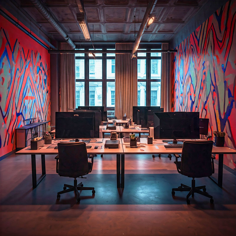 office with neon coloured painted walls