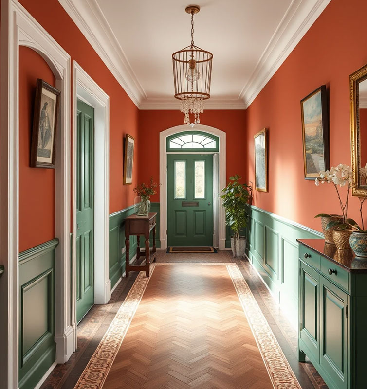 two tone hallway green terracotta with dado rail