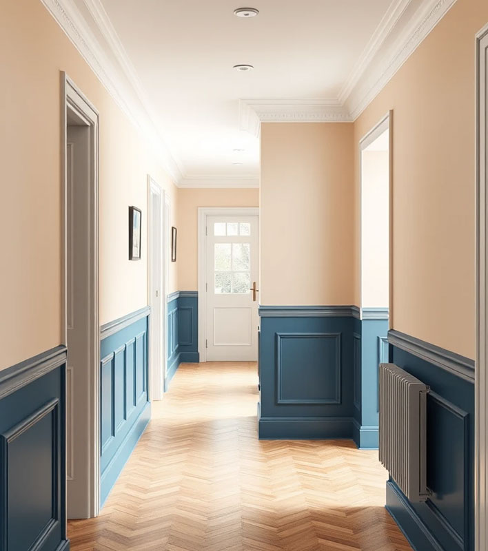 two tone hallway wall paneling